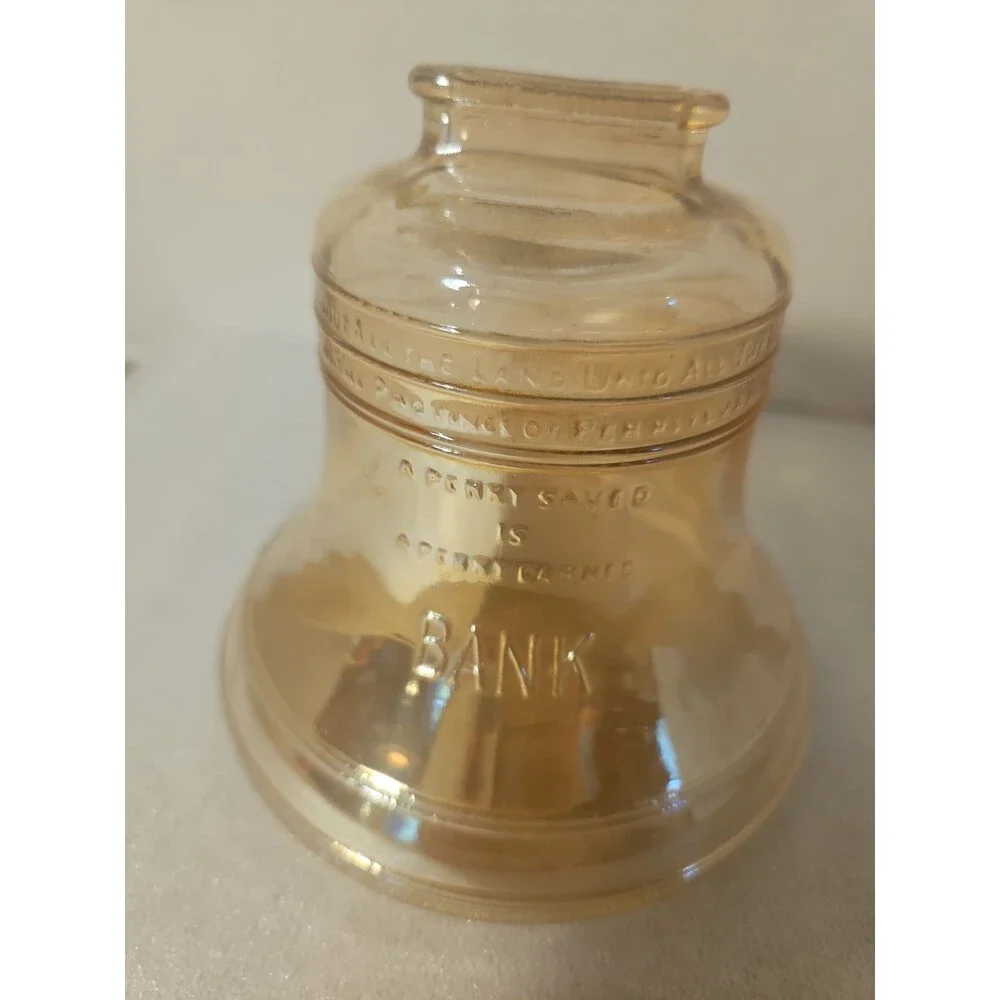 Vintage Liberty Bell Iridescent Bank Pass & Stow Amber Carnival Glass Coins 4